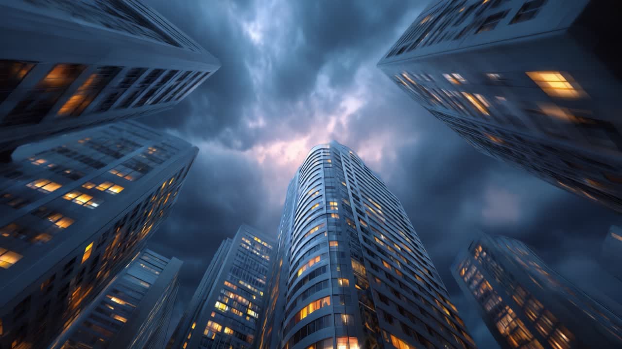 Drammatico skyline urbano al crepuscolo, circondato da imponenti grattacieli sotto un cielo nuvoloso e tempestoso con finestre illuminate che si fanno sempre più fioche mentre il giorno lascia spazio alla notte