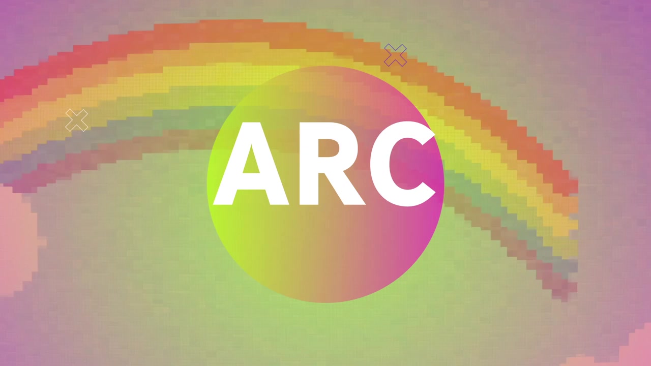 Starting letter fragments of ARC moving in digital space uniting to reveal pixelated rainbow arc