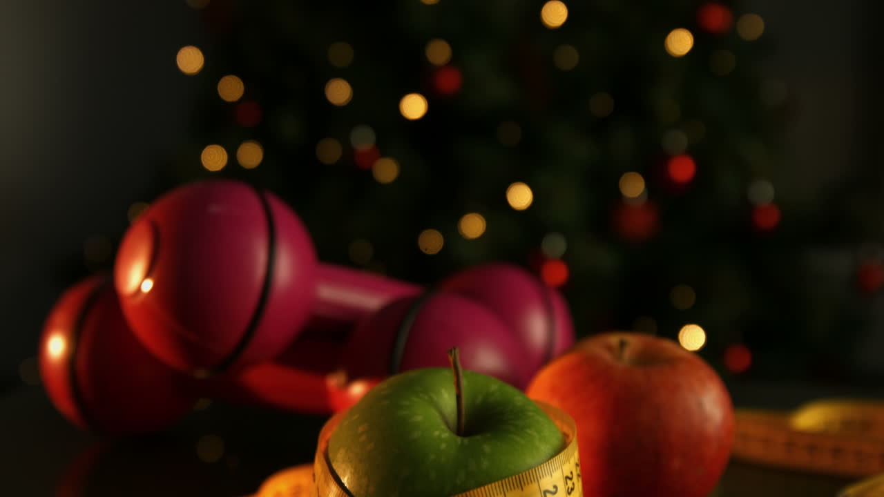 덤벨과 함께 측정 테이프에 사과