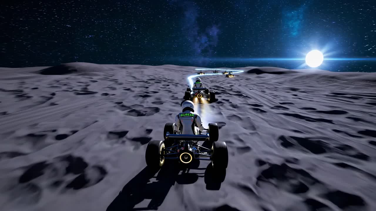 varios astronautas están compitiendo en una emocionante carrera en la superficie lunar, conduciendo karts de alta tecnología que dejan rastros brillantes a través del polvo gris bajo un cielo estrellado y una tierra brillante.