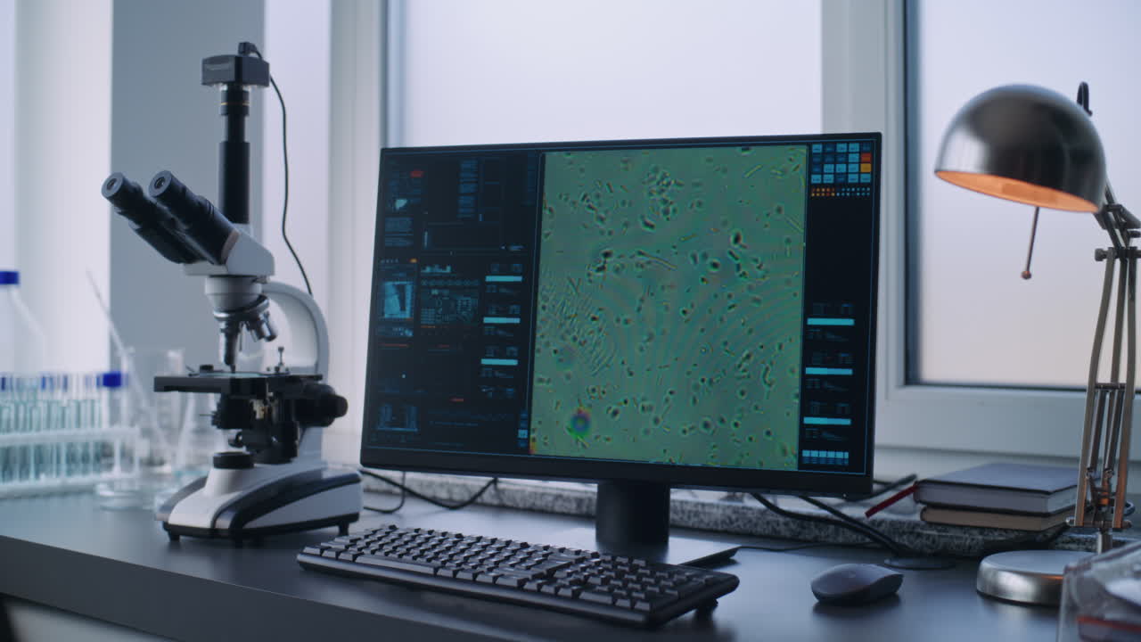 Laboratory workstation with microscope and computer screen displaying cell sample