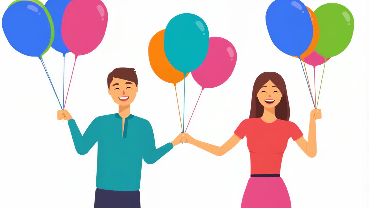 A happy couple holding colorful balloons