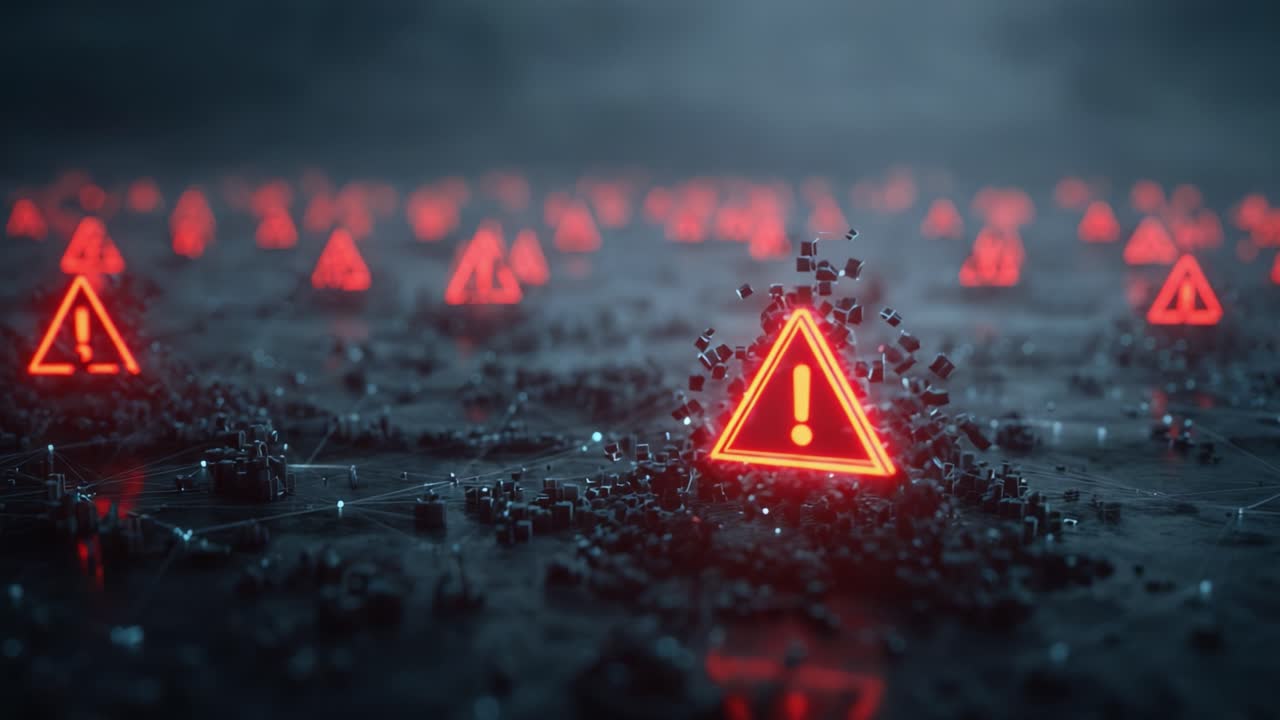 A Visual Representation of Digital Danger: A Landscape Filled with Red Warning Triangles Signifying Alerts and Caution in a Data-Driven Environment