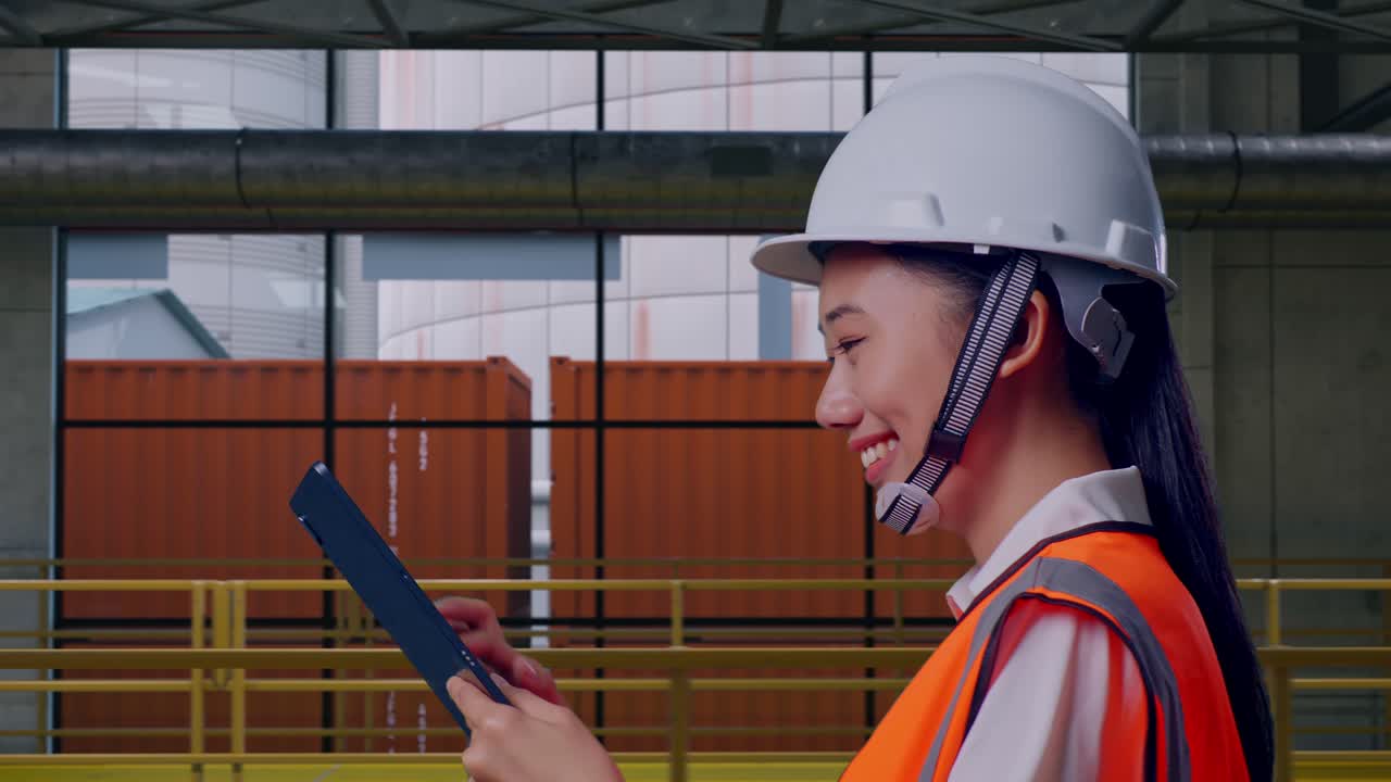 Side View of Asian Female Engineer Use Tablet While Walking and Inspecting Plastic Recycling Facility Operations with Conveyor of Bottles