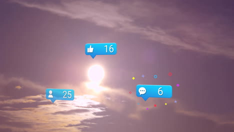 social media notifications animation over bright sun and cloudy sky