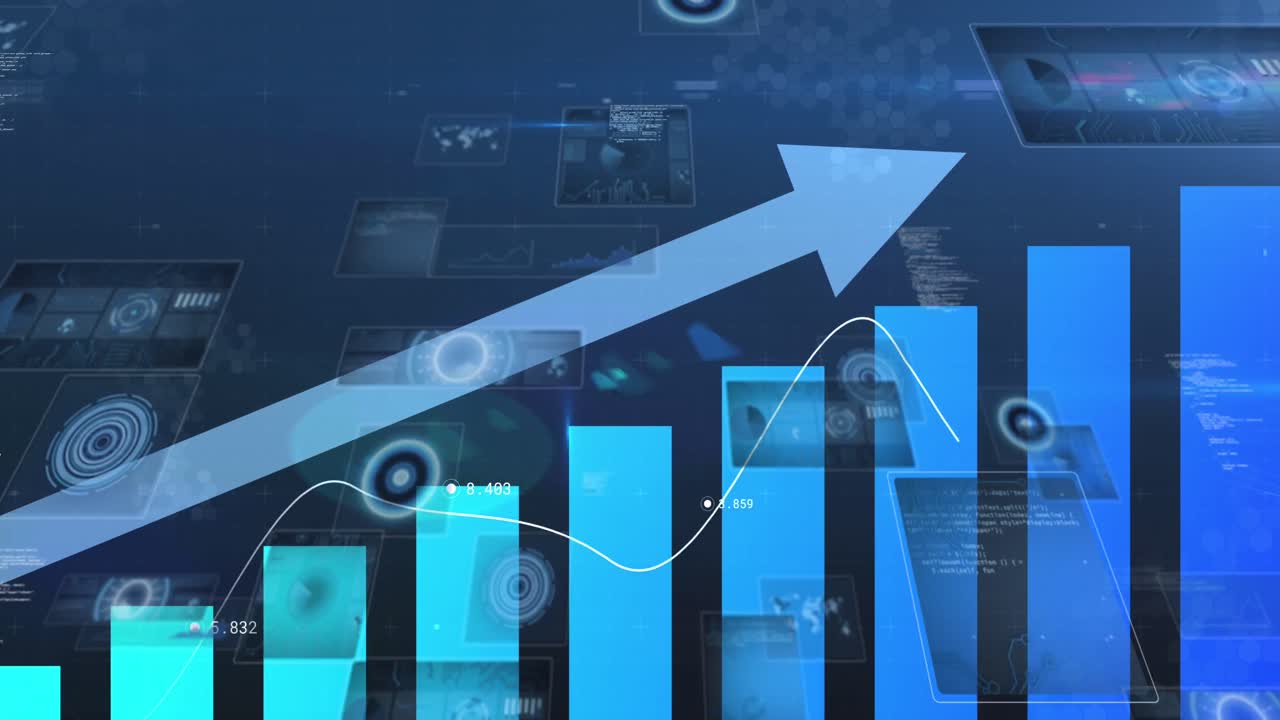animación de la flecha azul, gráfico con procesamiento de datos y escaneo de alcance sobre fondo azul