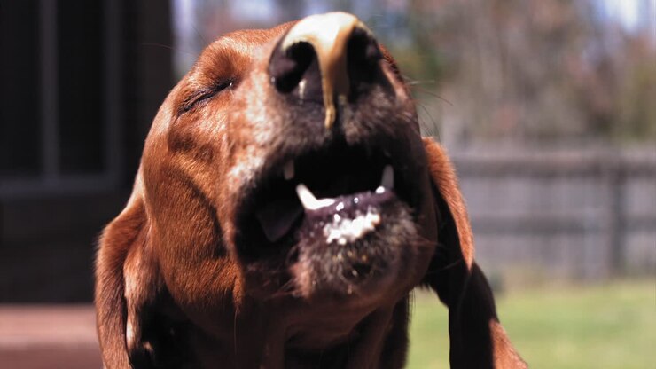 Dog licks peanut butter of of its nose