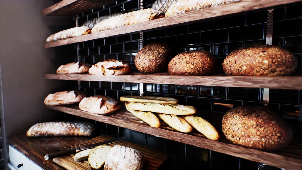 Fresh bread on shelves in bakery