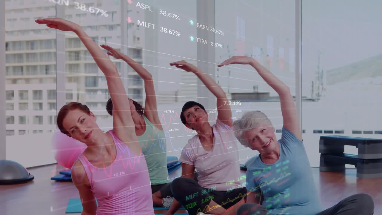 On instructor cue four women stretching on mats for fitness warmup, chart overlay tracking form