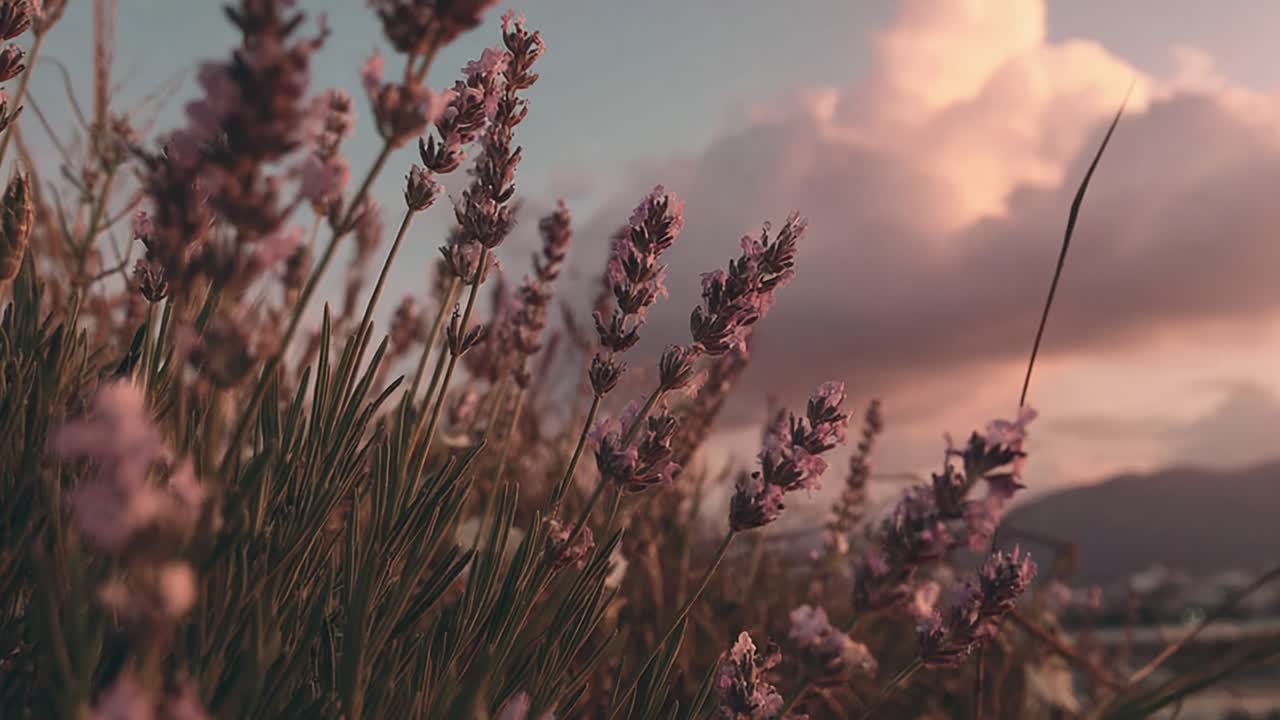 A Serene Evening View of Lavender Fields Against a Beautiful Sky with Soft Clouds and Warm Light, Capturing the Perfect Balance of Nature's Beauty and Calmness