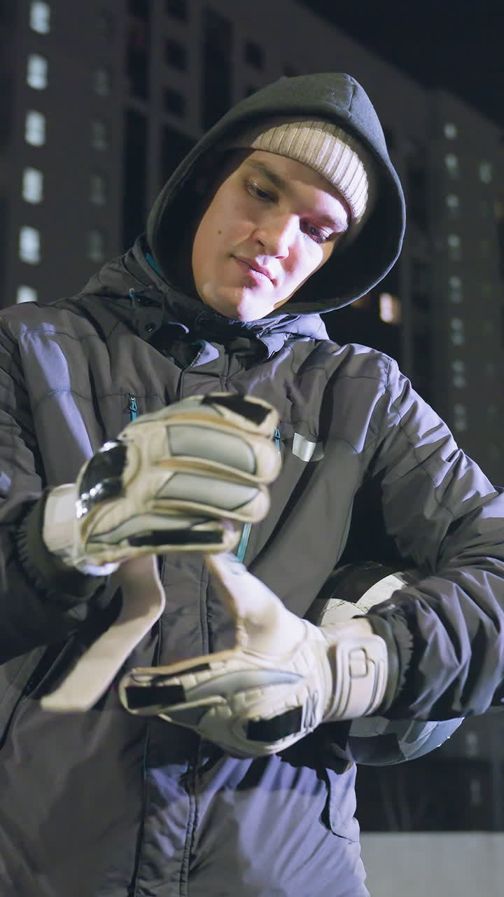 el portero ajusta los guantes con la pelota bien metida bajo el brazo durante la sesión de práctica vespertina en el campo urbano, expresión enfocada y fondo iluminado