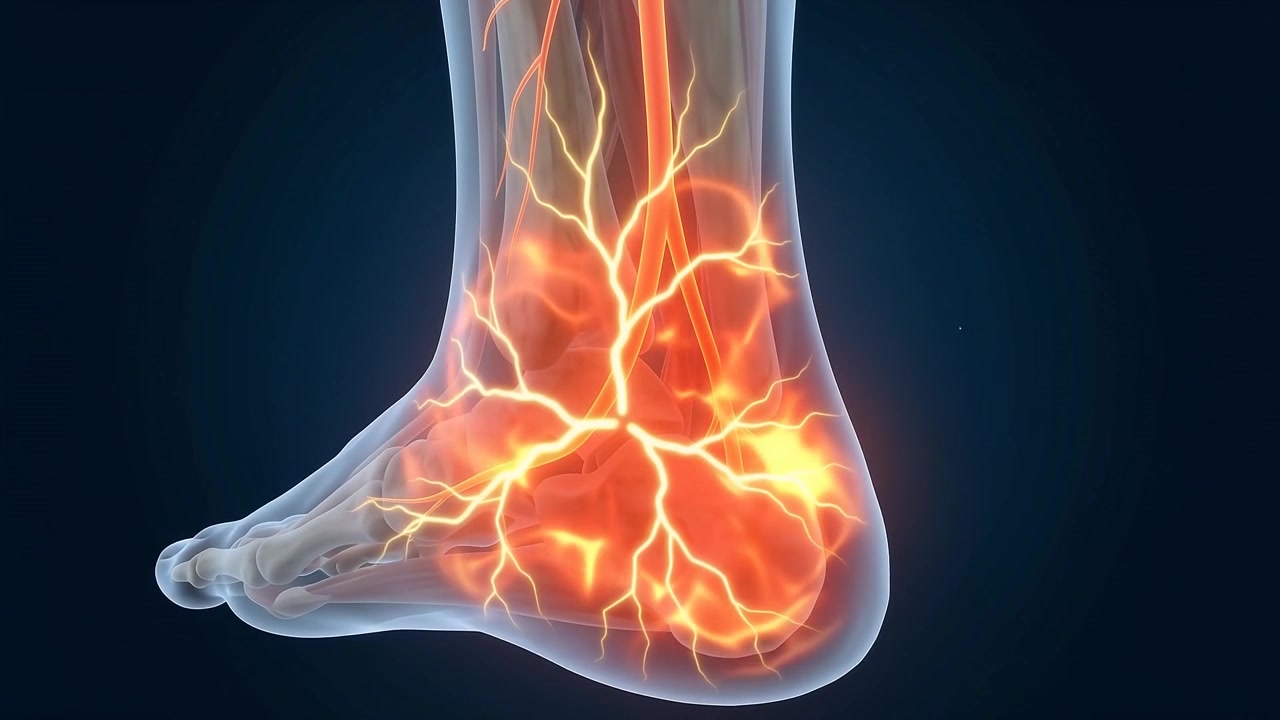 Animazione medica del dolore al nervo sciatico che si irradia al piede