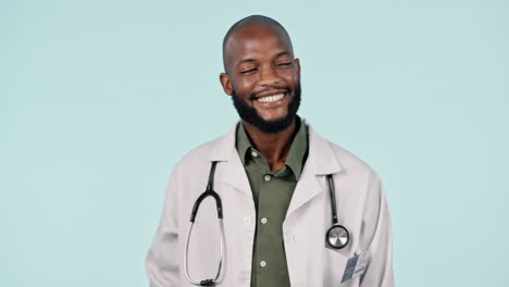 Happy-black-man,-doctor-and-pointing