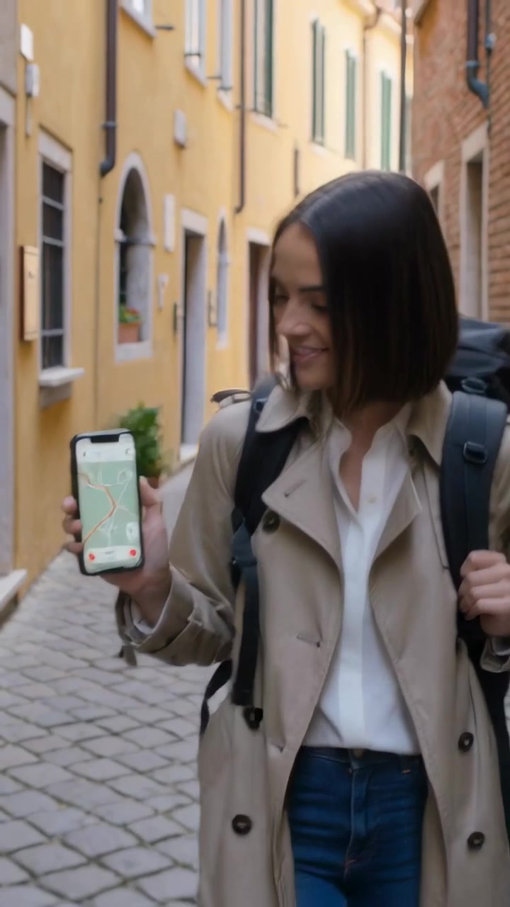 Vertical video: Checking phone map woman finding spot, scanning narrow lane, trench coat backpack