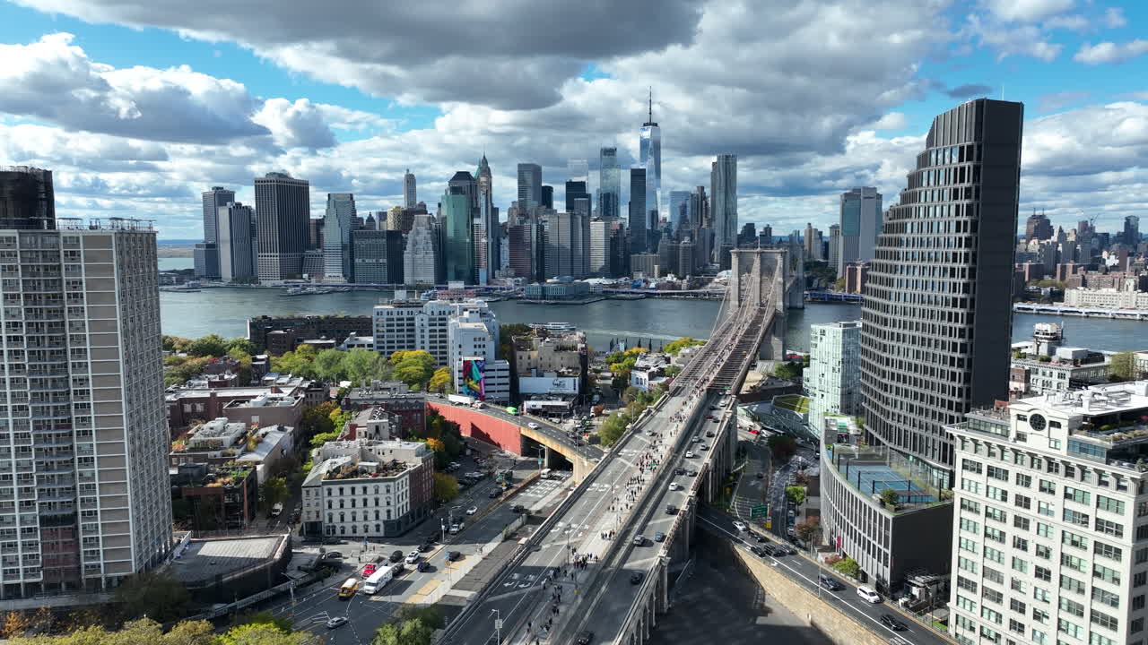 The Famous Brooklyn Bridge In New York City. Connecting Boroughs Of Manhattan And Brooklyn. Aerial Shot
