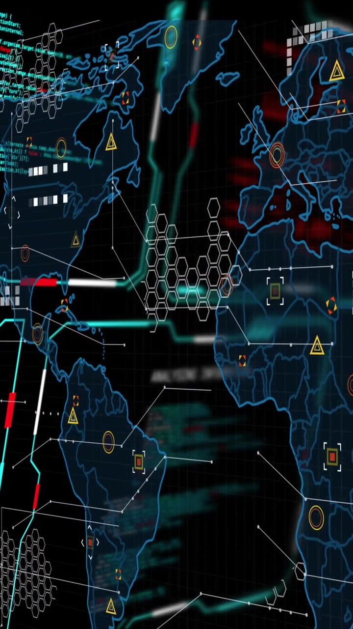 Animation of digital data processing over screens and world map on black background