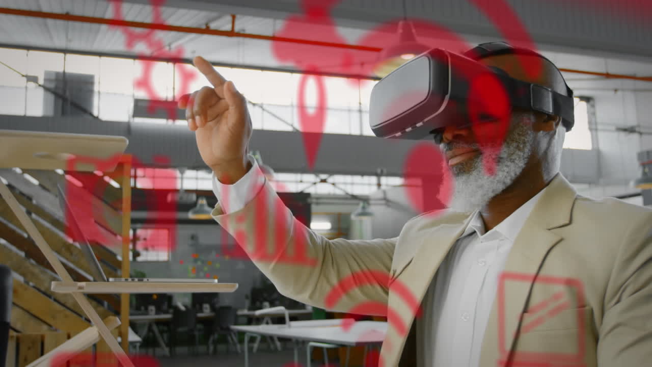 Multiple digital icons against african american senior businessman wearing vr headset at office