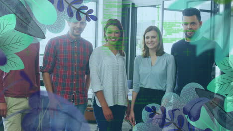 flor y hojas patrón y procesamiento de datos contra diversos colegas de oficina sonriendo en la oficina