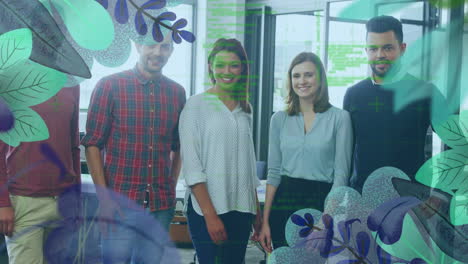 flower and leaves pattern and data processing against diverse office colleagues smiling at office