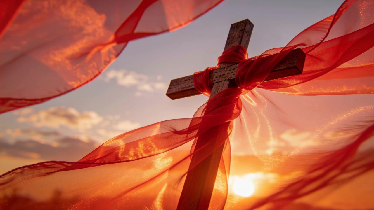 Tecido vermelho translúcido esvoaçante, impulsionado pela brisa, envolvendo e revelando uma cruz de madeira ao pôr do sol.