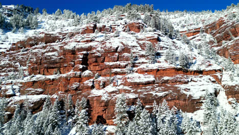 drone footage of red rock cliff covered in snow located in the rocky mountains of colorado