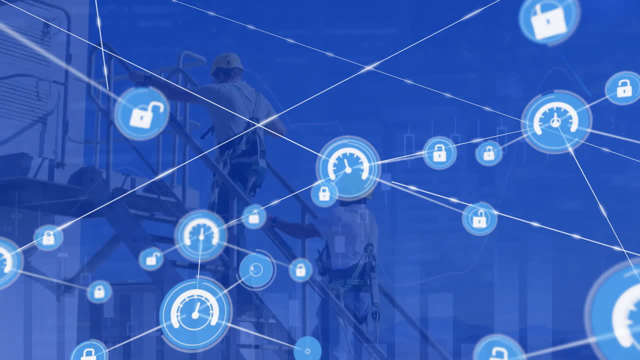 다양한 남성 노동자들에 대한 아이콘과 데이터 처리에 대한 연결 네트워크의 애니메이션