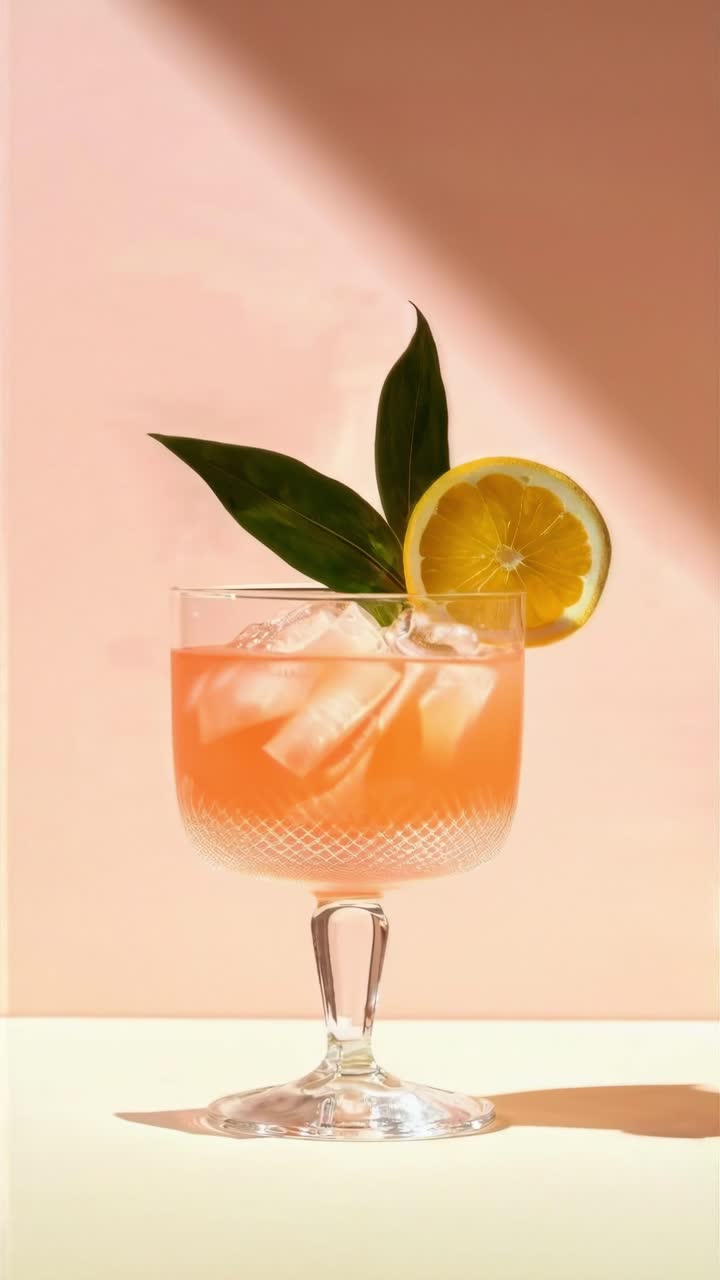 Aesthetic video still of a cocktail in a vintage glass with lemon and leaves, shot from a low angle