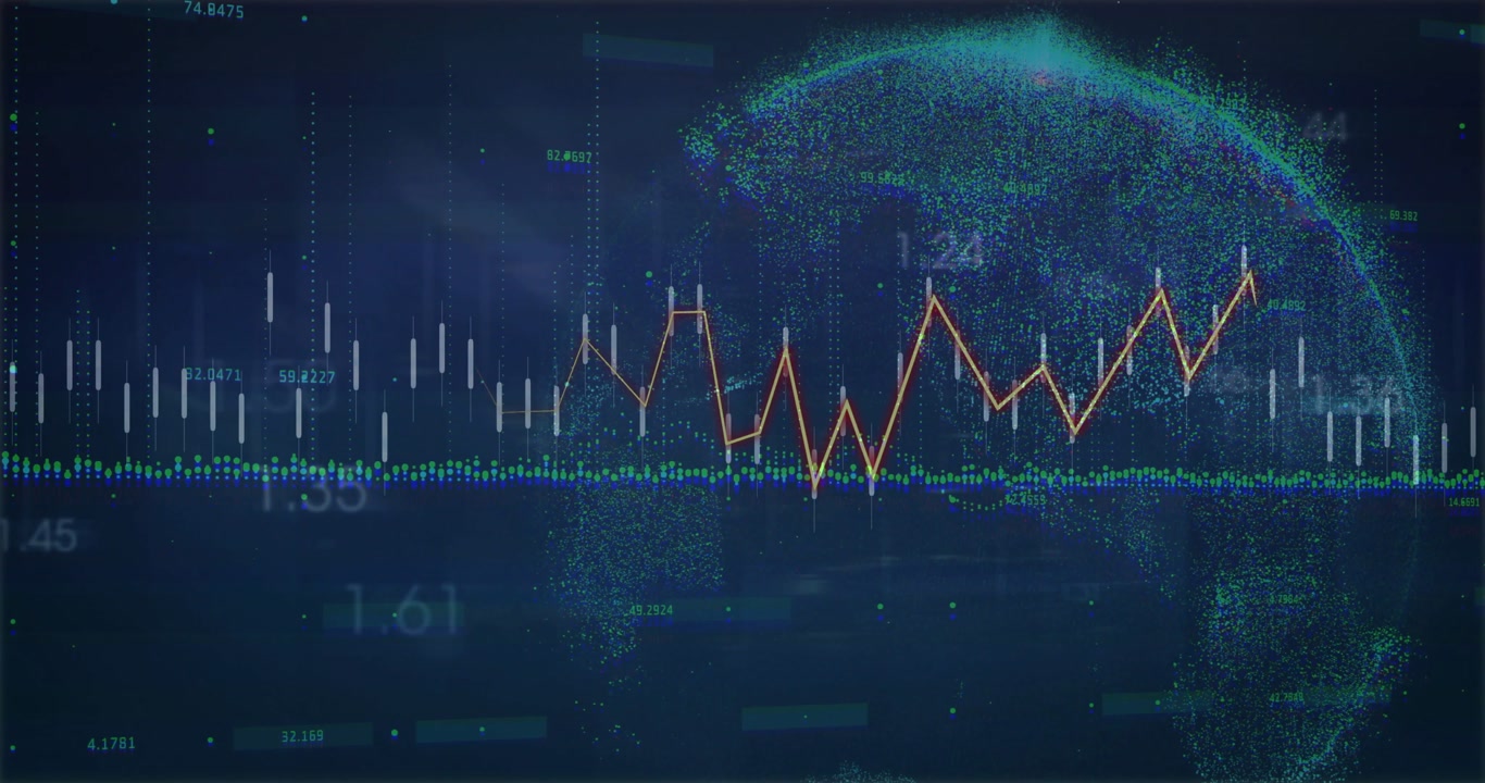 On update, dashboard viz reacting, bars pulsing, orange line spiking, globe rotating to show trends