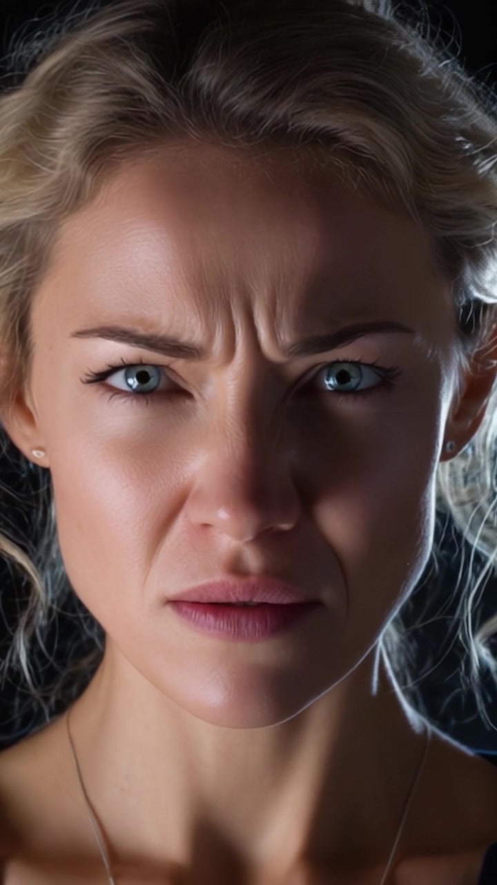 Ritratto ravvicinato intenso di una donna con la fronte corrugata e occhi penetranti, che esprime forte emozione con illuminazione drammatica su uno sfondo scuro