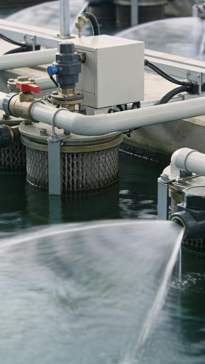 Vertical video: Control box starting pump, filter spraying arcing jet into plant basin for aeration