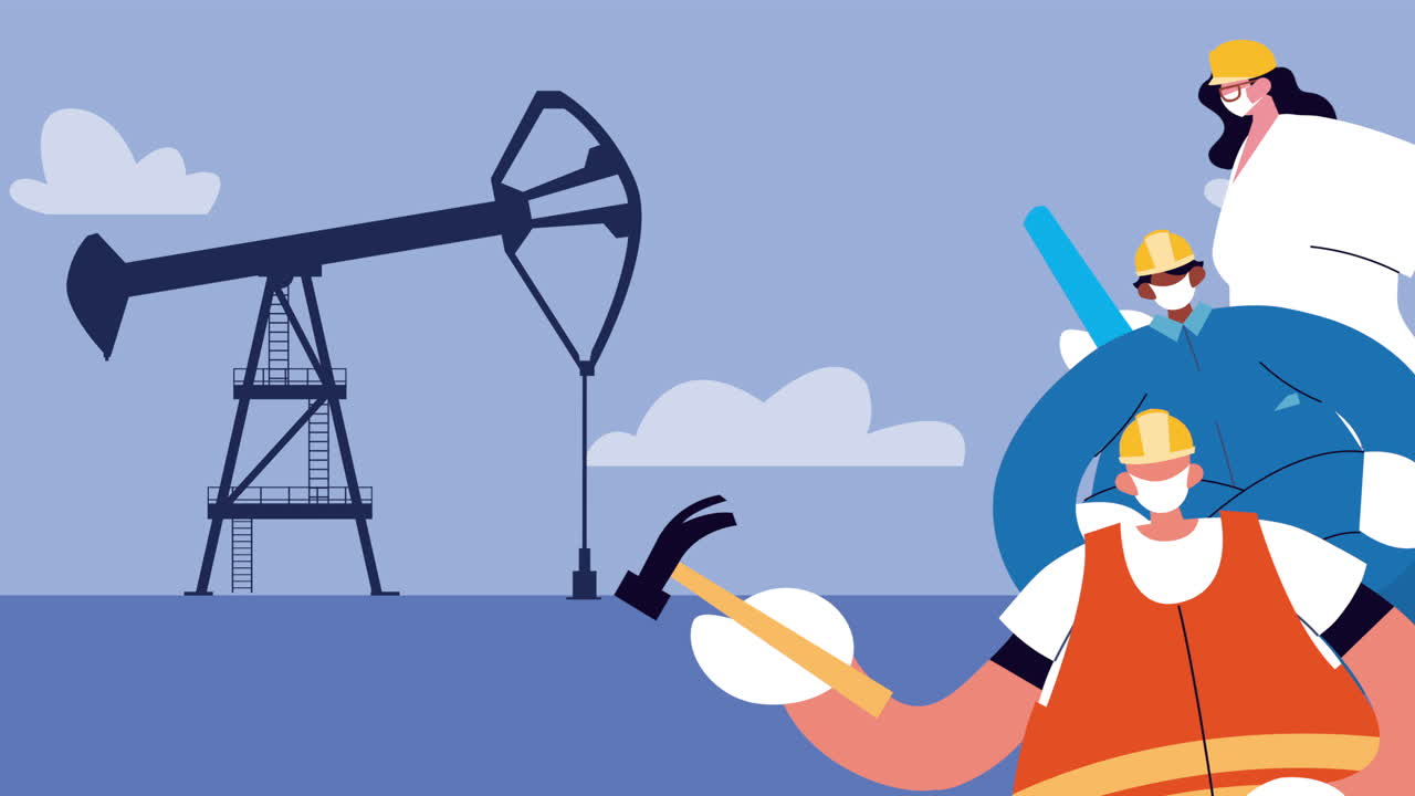 건설사와 건축가는 정제 공장에서 covid-19 보호를 위해 의료 마스크를 착용합니다.