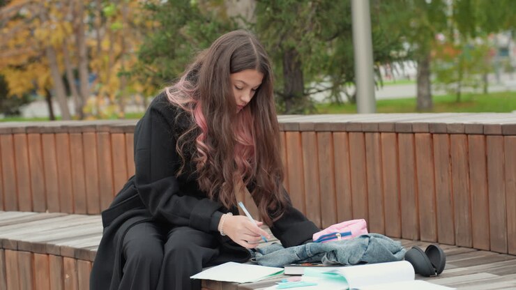 Studerende, der tager noter på en parkbænk med lærebøger og en planner, kvinde fokuseret på repetition og organisation, skarpt efterårslys, målrettet kropsholdning og rolig campusbaggrund, forbereder sig til kommende
