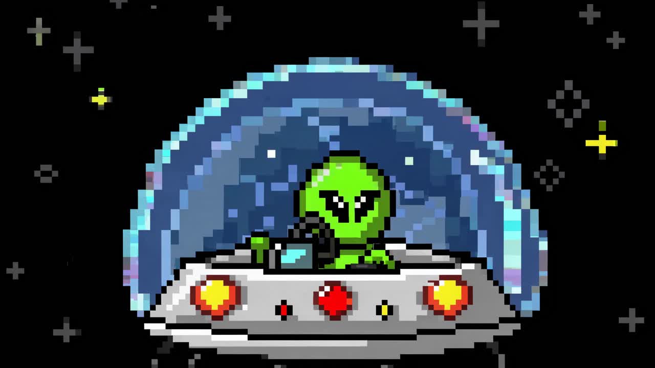 Stile video pixel art di un alieno in un UFO, visto da un'angolazione frontale.