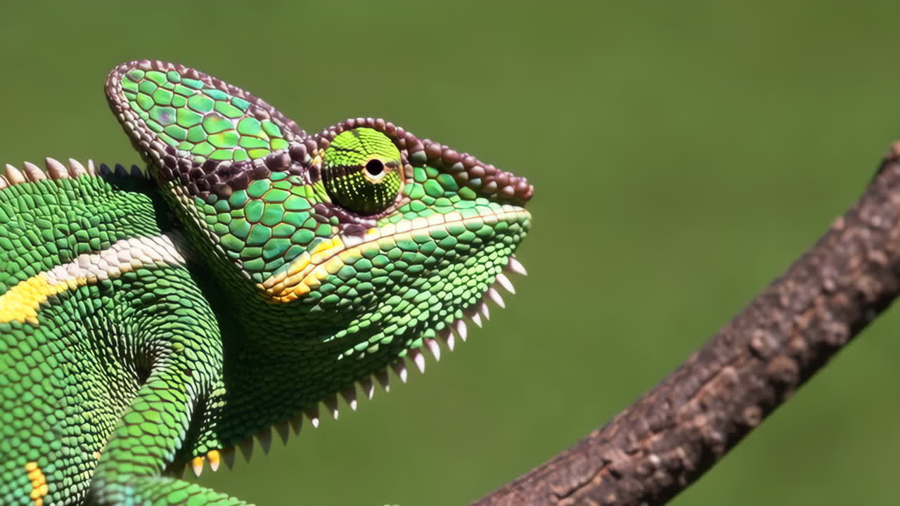 Zelený chameleon na větvi