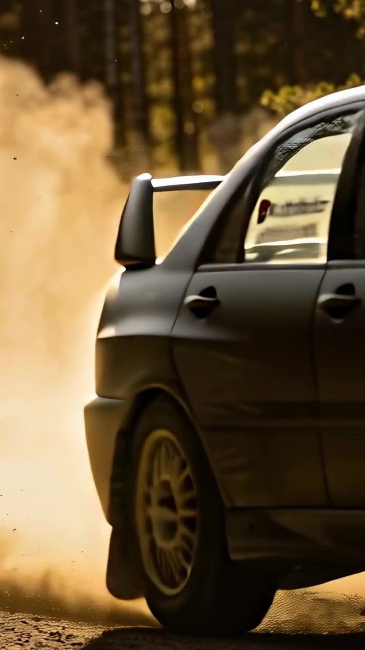 Video verticale: Accelerazione che fa scivolare una berlina da rally alata su ghiaia vicino agli alberi, sollevando polvere.
