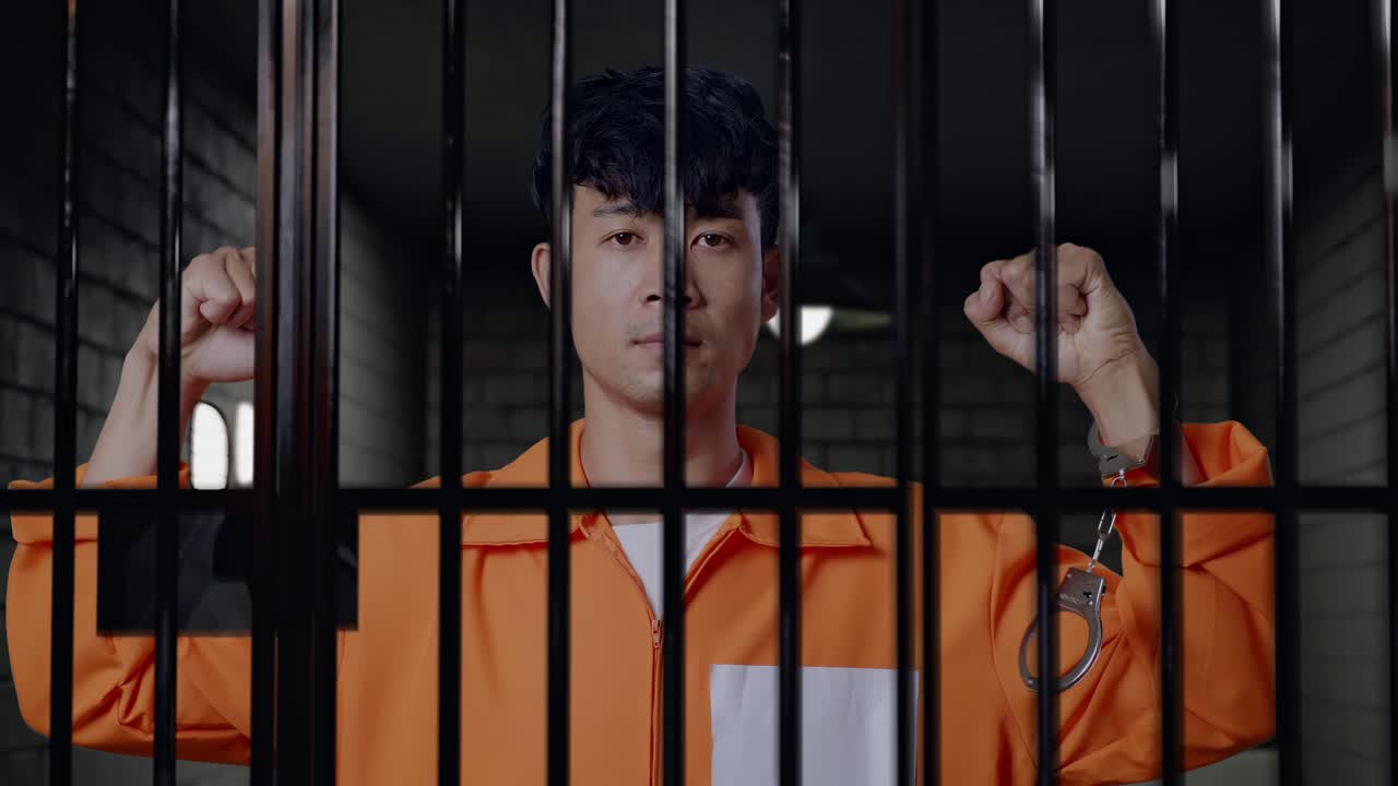 어진 수갑을 쓴 아시아 남성 죄수가 감옥에 서서 팔다리를 구부리는 장면