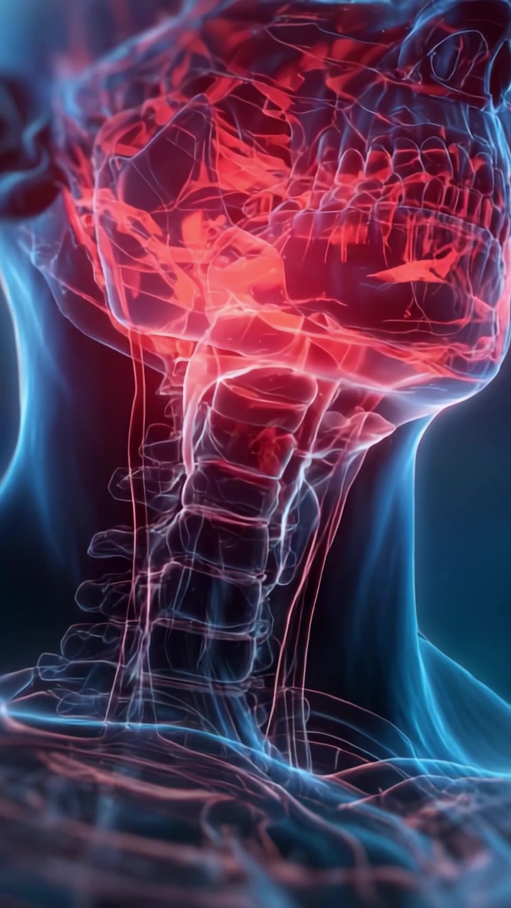 Visione dettagliata della colonna cervicale umana e del cranio: un'esplorazione anatomica della regione del collo che evidenzia le relazioni strutturali in una visualizzazione 3D.