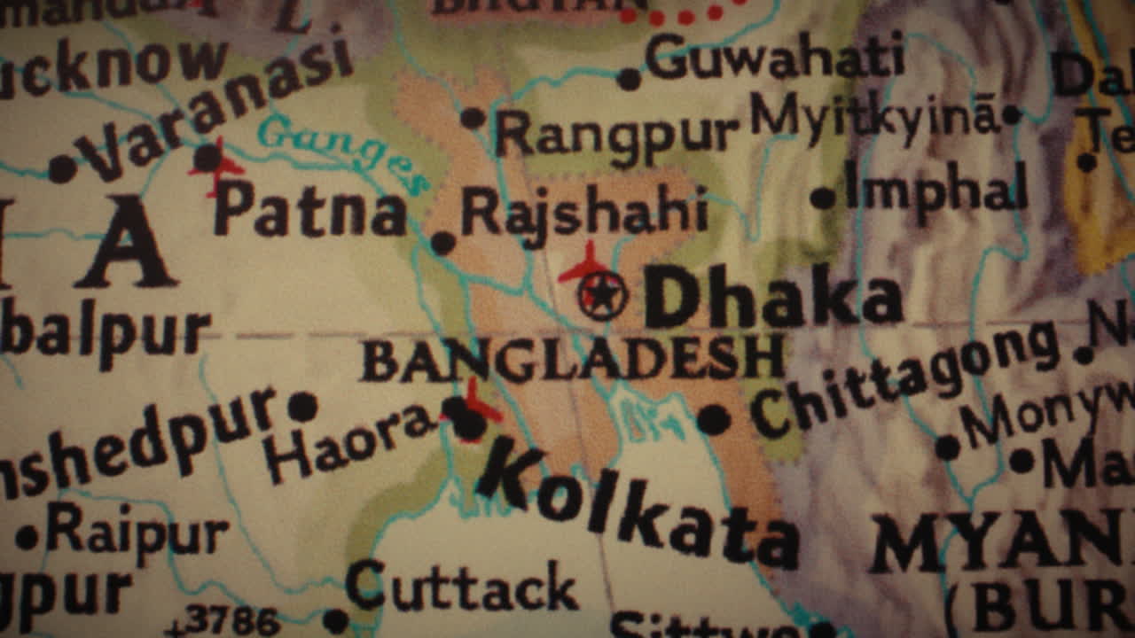 Close-up of a map showing parts of India, Bangladesh, and surrounding countries