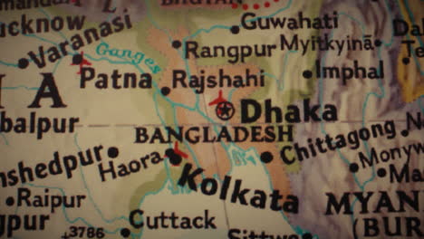 close-up of a map showing parts of india, bangladesh, and surrounding countries