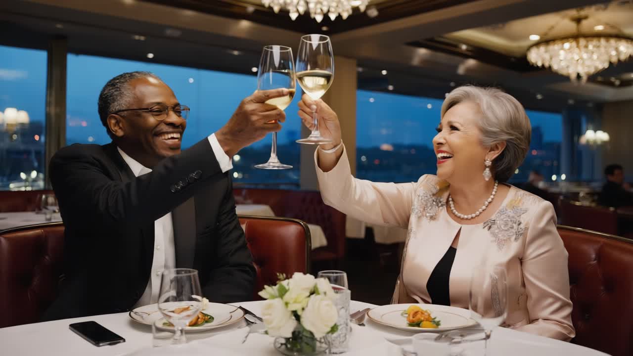 Couple Toasting with Wine in an Elegant Restaurant
