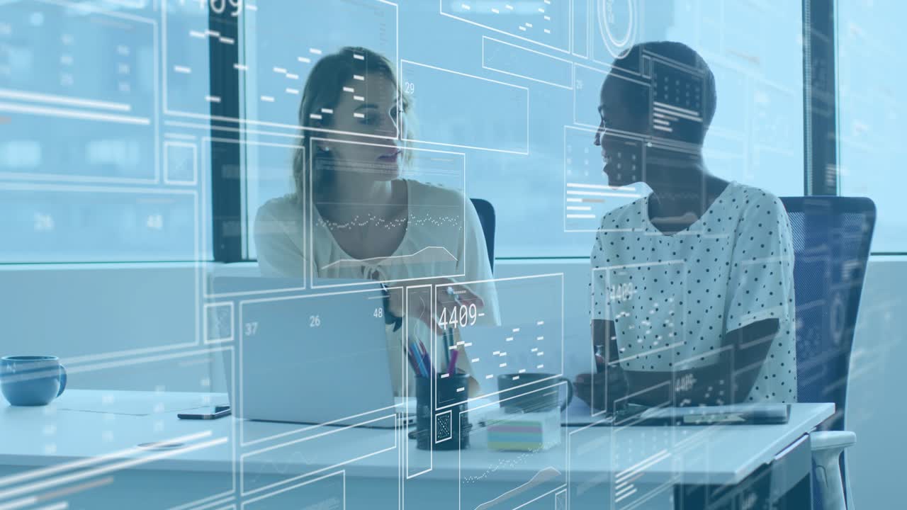 Left woman pointing at laptop and offering paper, team reviewing business data with animated charts