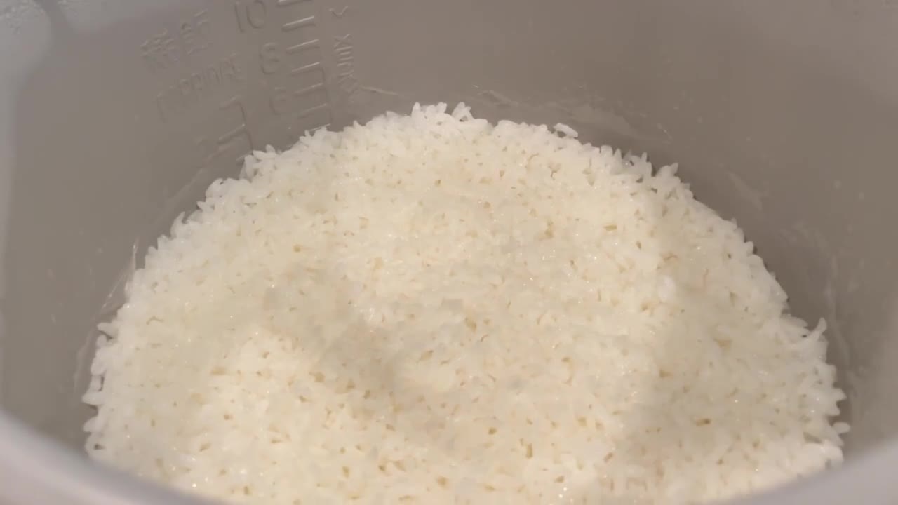 arroz blanco de grano corto al vapor en la olla arrocera