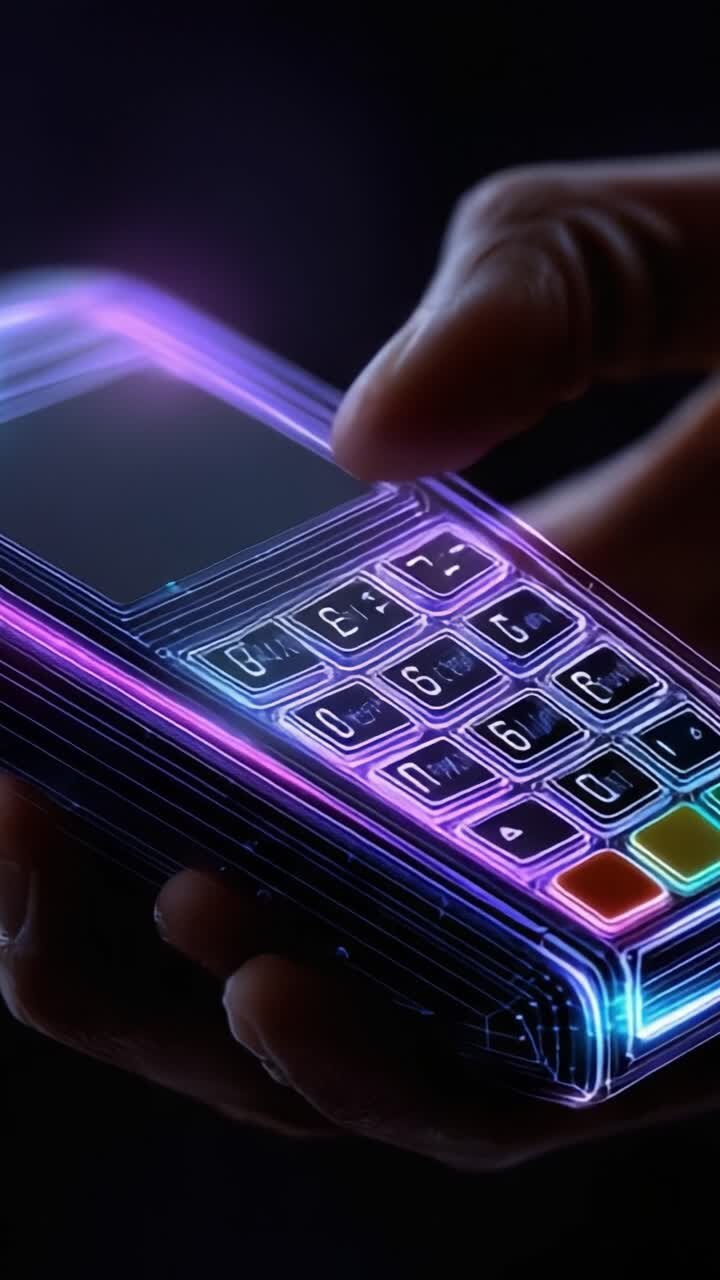 A Futuristic Mobile Device Interface Highlighting Vibrant Neon Graphics and a User's Hand Interacting with an Advanced Touchscreen Display