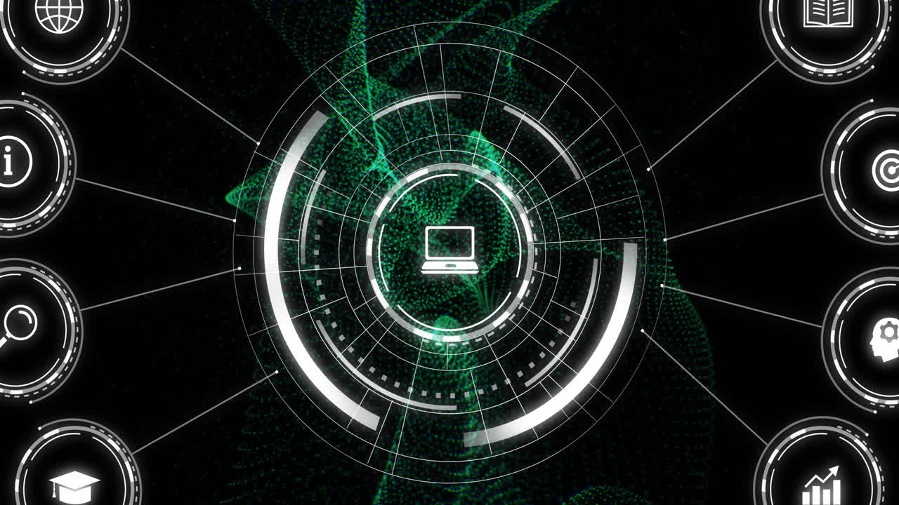 Animation of network of connections with icons on black background