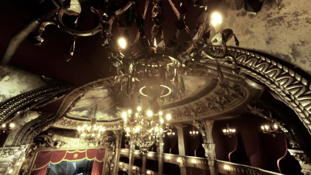 Elegantly designed theater with ornate chandeliers and vintage decor