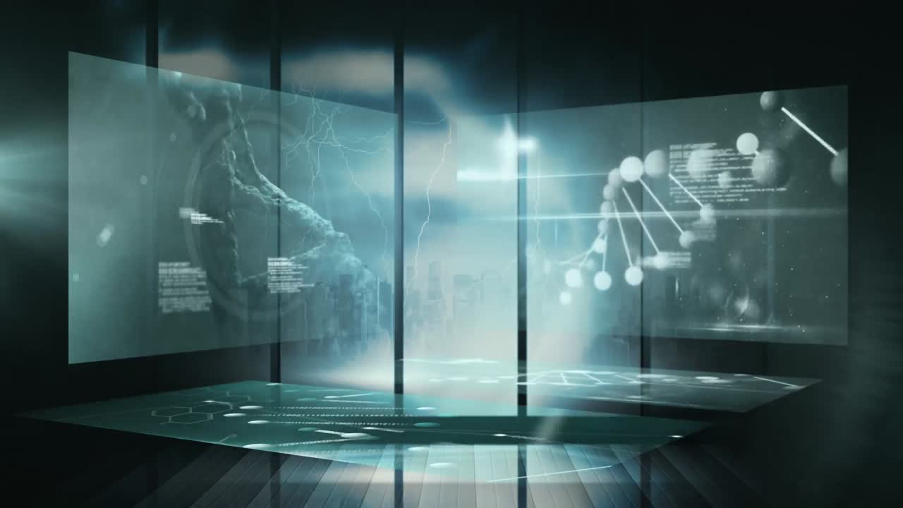 도시 풍경 위의 데이터 처리 애니메이션