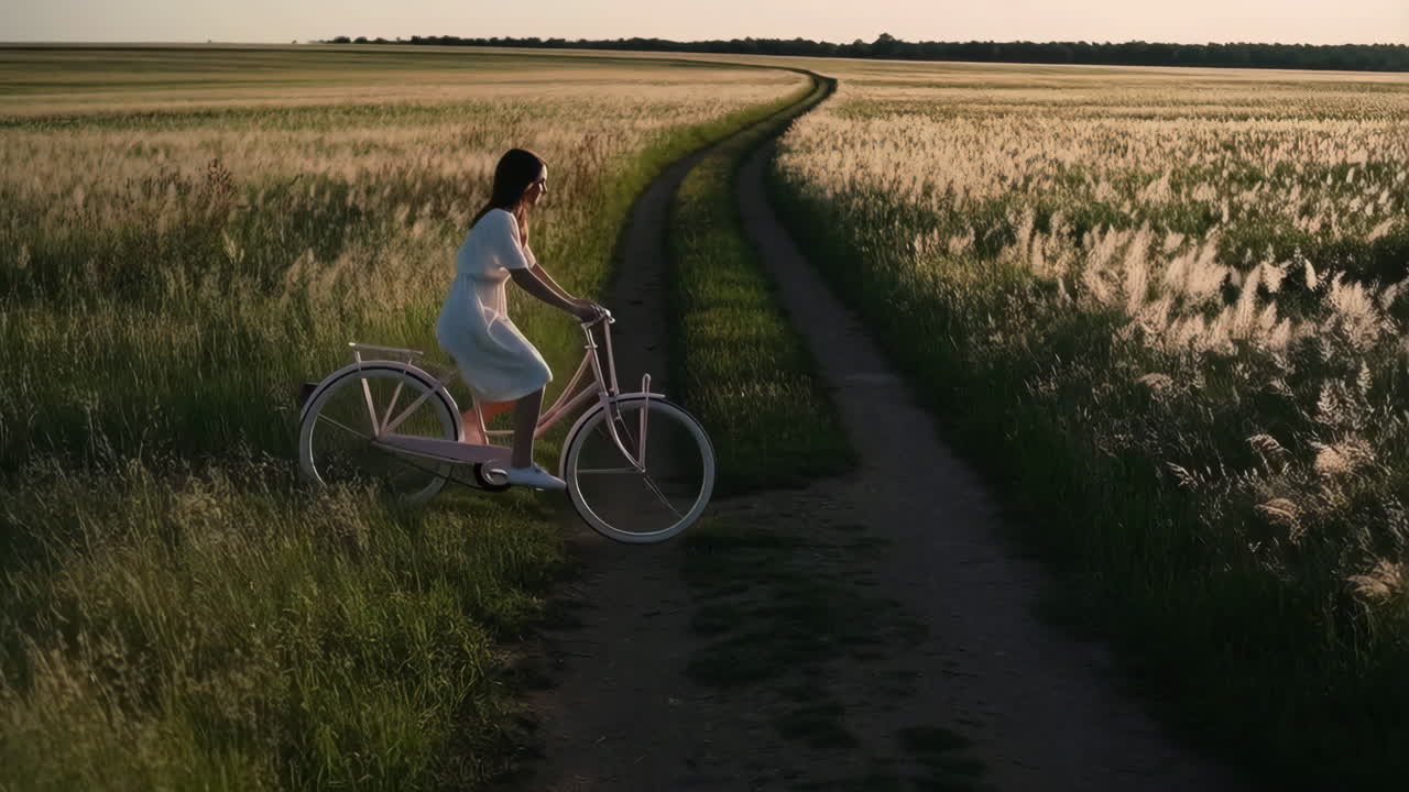 Woman Riding Bicycle on Dirt Path Through Golden Field at Sunset