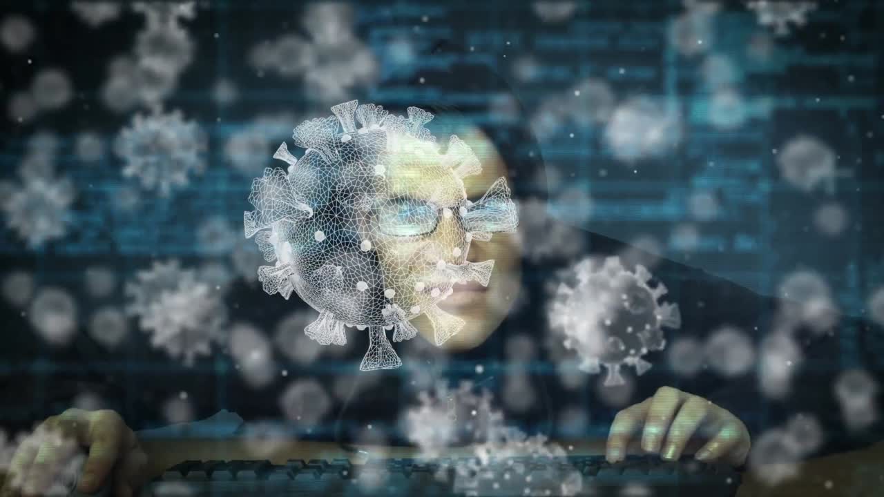 Animation of macro coronavirus COVID-19 cells spreading over a hacker hooded man
