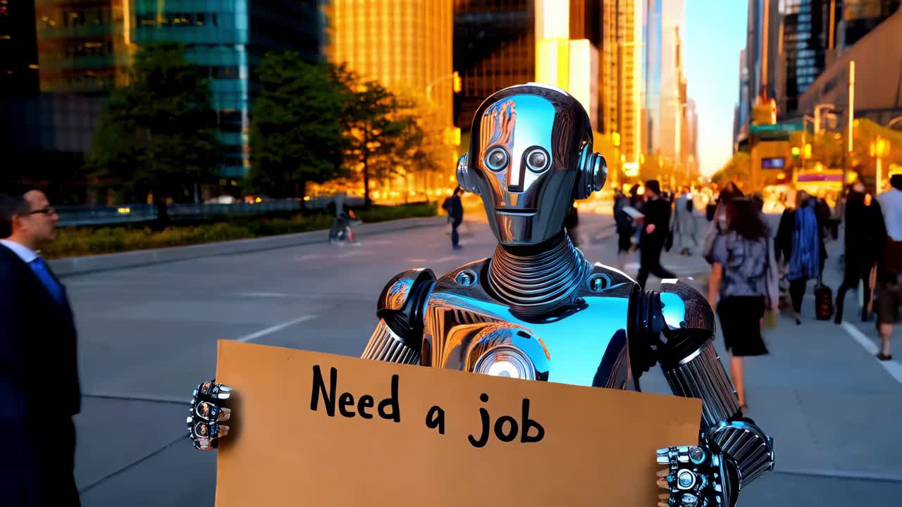 Robot in cerca di lavoro in una città trafficata