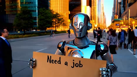 robot seeking employment in a busy city